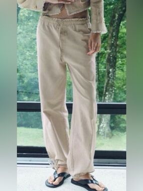 Zara Loose Fit High Rise Baggy Jeans Wide Leg Cotton/Linen Pants Beige Sz M NWT